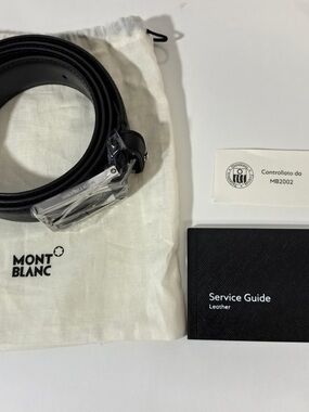Montblanc Black Leather Men's Belt with Polished Silver Buckle